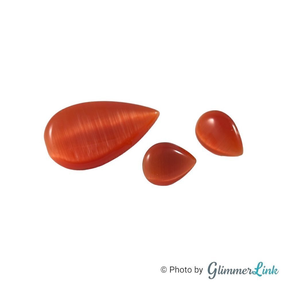 Cat's Eye Orange Glass Teardrop Gold Tone Brooch Earrings Jewelry Set
